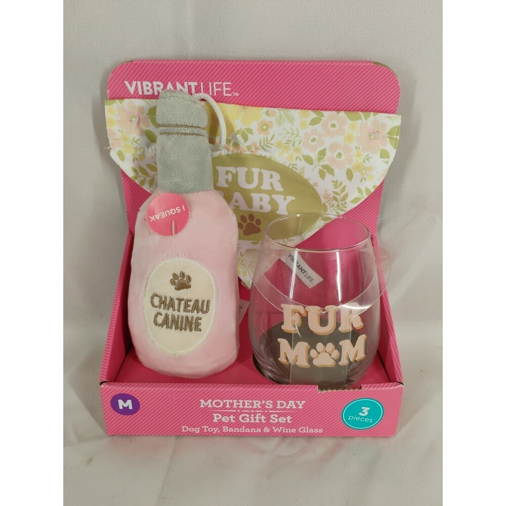 NEW Vibrant Life Pet Mother's Day Gift Set Dog Mom Squeak Toy Bandana Wine Glass